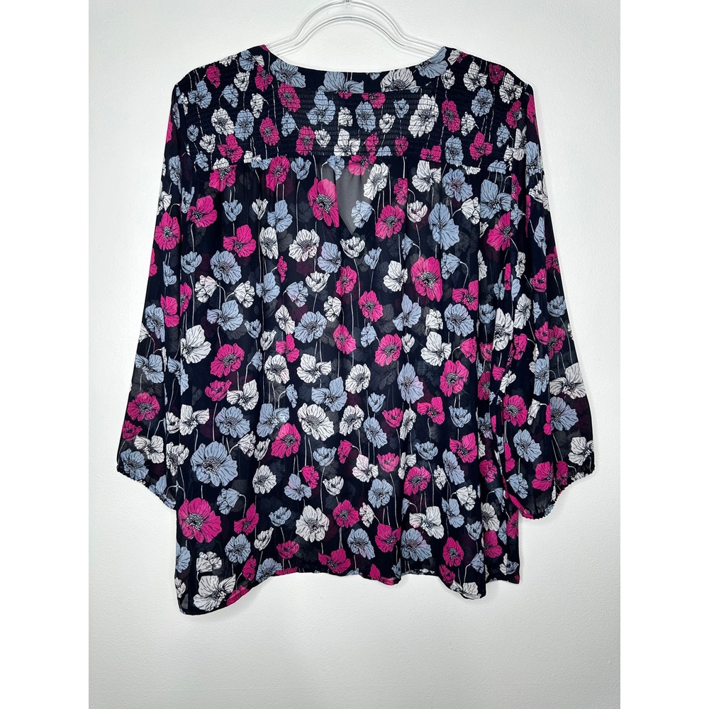 Ann Taylor Blouse Smocked V-Neck Top Sz XL Navy Blue Floral 3/4 Sleeve Sheer